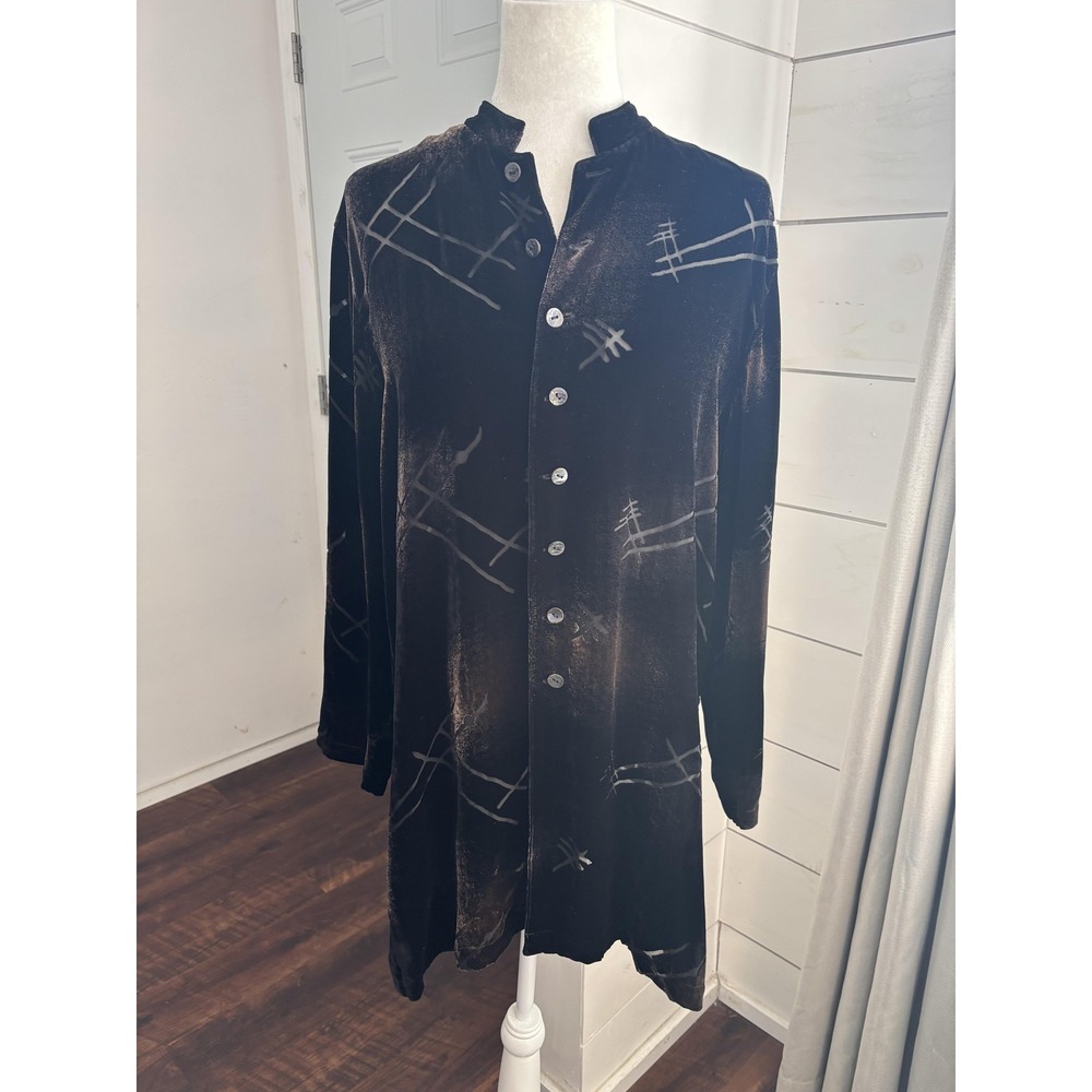 Vintage Chico's Design Tunic Shirt Womens 1 Black Velvet Geometric Blouse Beaded